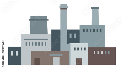 Modern Industrial Factory Building with Multiple Chimneys and Structures, representing manufacturing and production processes in a clean, contemporary design