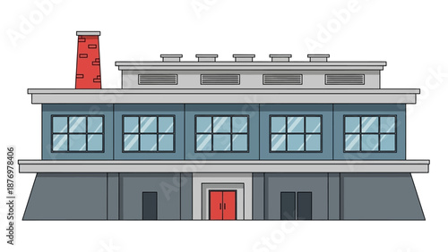 Factory building with chimney and windows, industrial architecture illustration