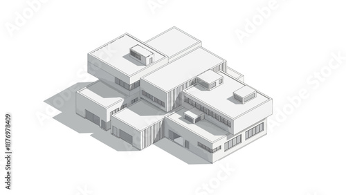 Abstract minimalist architectural isometric illustration of a modern building with sharp geometric lines