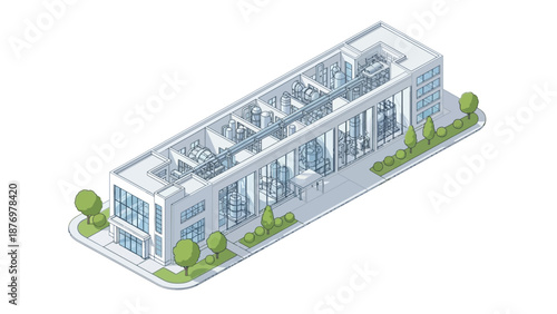 Isometric illustration of a modern office building with glass walls and surrounding green spaces