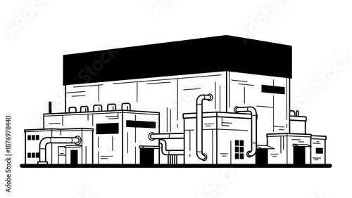 Industrial Power Plant Facility with Cooling Towers and Pipes - Architectural Illustration