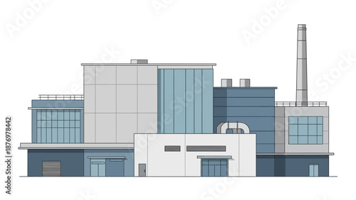 Modern industrial building with multiple sections and a tall chimney, representing manufacturing or energy production