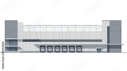Modern Warehouse or Distribution Center Building with Loading Docks and Skylights
