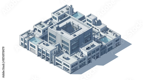 Architectural isometric illustration of a modern, multi-story institutional building with a central courtyard and surrounding structures, rendered in a clean, geometric style