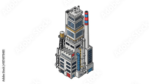 Isometric illustration of a modern industrial factory building with multiple levels and a tall smokestack