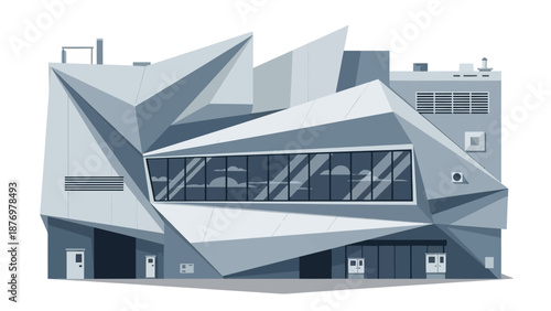 Geometric Facade of a Modern Building with Angular Design and Reflective Windows