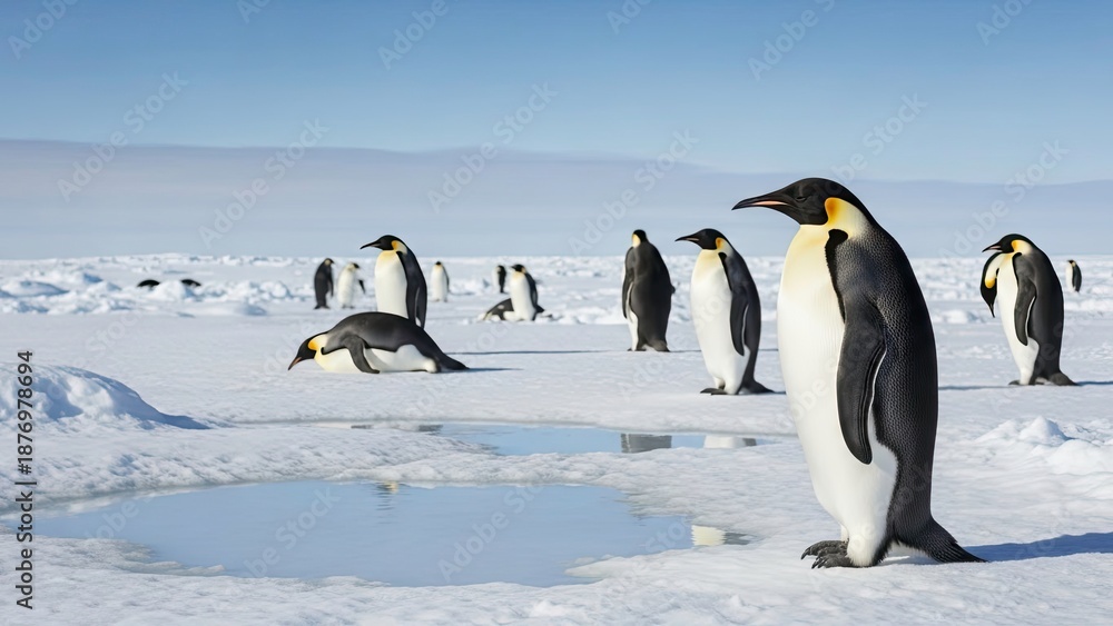 Fototapeta premium Emperor Penguins on Antarctic Ice with Blue Sky and Water Puddles