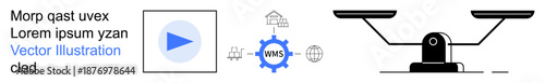 Workflow management, decision-making, digital processes, data flow, balance, business solutions. Gear with network icons, play button and balance scales. Workflow management and decision-making