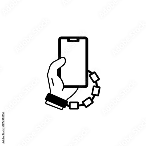 Hand chained to smartphone in black line style. Minimalist flat vector icon of mobile phone addiction, digital dependency, and technology restraint concepts.