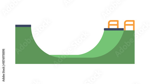 A simple illustration of a green skatepark ramp with orange buildings on top