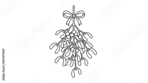 A delicate black and white illustration of mistletoe with berries and a decorative bow