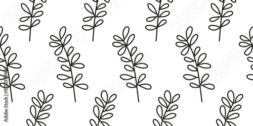 Black and white seamless pattern with doodle outline blueberry twigs on white background. Minimalist forest backdrop.