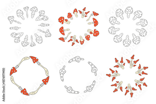 Set of cute round frames with hand drawn fly agaric amanita mushrooms isolated on white background. Autumn circle compositions.