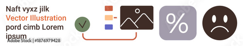 Data analysis, business reports, emotional feedback, digital media, decision-making, and content layout. A checklist, bar chart image icon percentage symbol and sad face . Data analysis