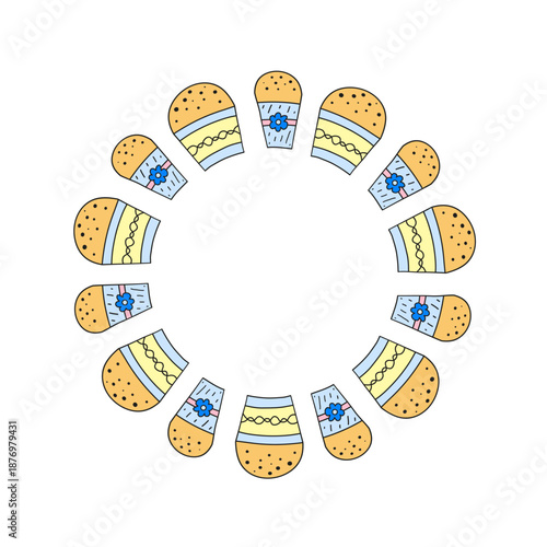 Cute round wreath with doodle Easter kulich cakes isolated on white background. Italian panettone biscuits.