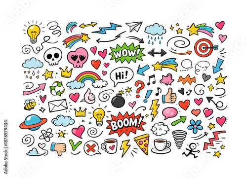 Colorful doodle set with fun cartoon icons and symbols for creative designs