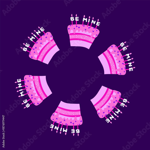 Cute round frame with glazed cakes with text be mine isolated on white background. Valentines day celebration.