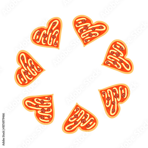 Cute round frame with heart shaped pepperoni pizza isolated on white background. Valentines day celebration.