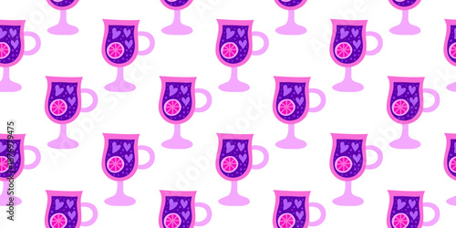 Cute seamless pattern with flat violet drinks in glass on white background. Valentines day celebration.