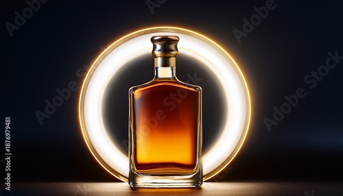Elegant Whiskey Bottle With Amber Liquid In Front Of A Glowing Ring On A Dark Background For Luxury And Spirits