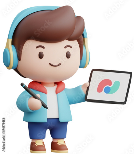 A smiling cartoon character holding a stylus and a tablet with an abstract design on the screen