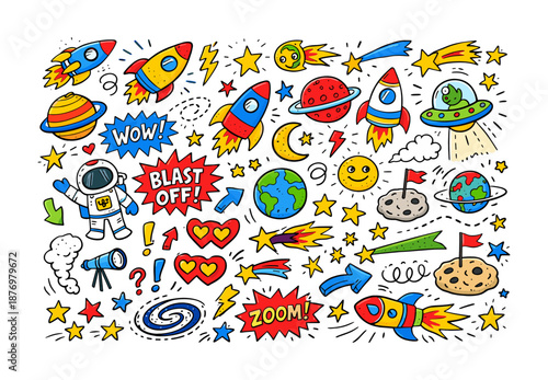 Colorful doodle cartoon space adventure with astronaut, rockets, and planets