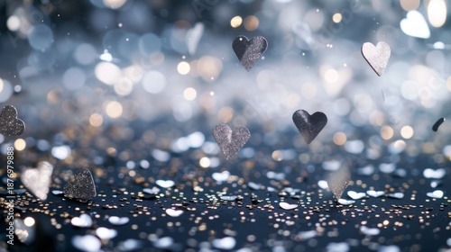 Festive background with falling silver glitter hearts. Abstract celebration concept with sparkling blue and gold bokeh lights