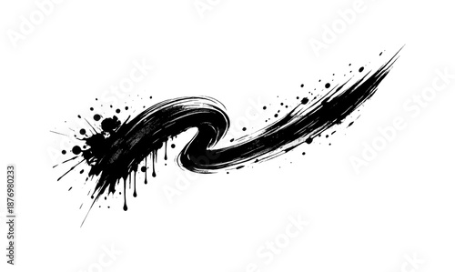 Dynamic black paintbrush stroke with splatter effect for creative design