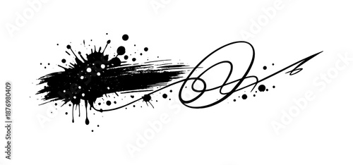 Dynamic ink splatter with elegant calligraphic swirl on white background
