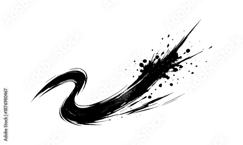 Dynamic abstract brush stroke with ink splatter on white background