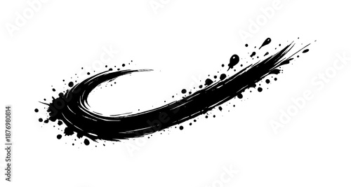Abstract black paint brush stroke with ink splatter on white background