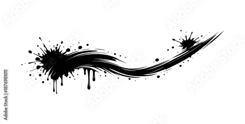 Creative black ink splatter and brush stroke on white background