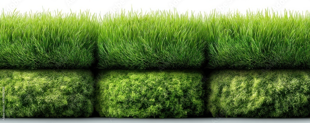 Fototapeta premium Three rows of realistic grass border—vibrant green lawn edging for garden and nature design