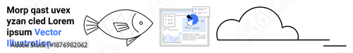 Data analysis, environmental , conceptual art, technology, cloud storage, analytics. A fish, data graph and minimal cloud design. Analytics and environmental themes in focus