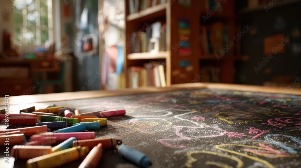 Naklejka premium Colorful chalkboard with crayons and doodles for a back-to-school vibe