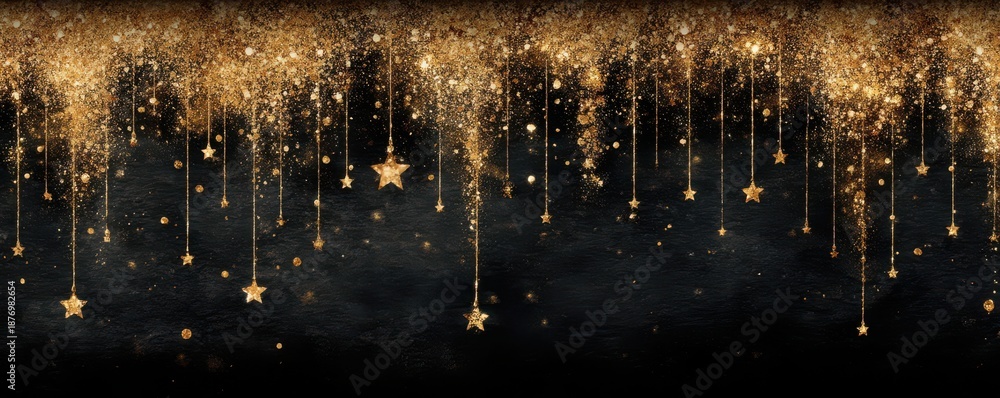 Obraz premium Elegant hanging gold stars and glitter on a dark background