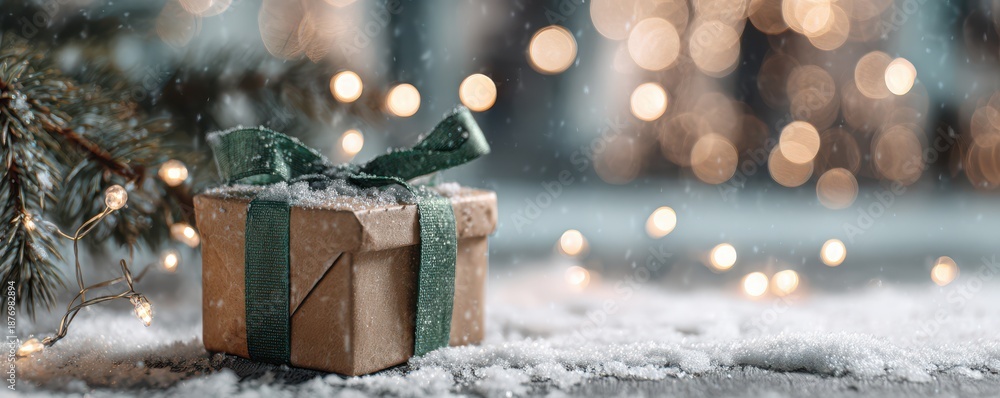Obraz premium Brown gift box with green ribbon in a snowy and festive setting