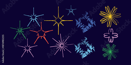 Abstract Colorful Hand Drawn Starburst Shapes Set | Decorative Doodle Spark Elements Vector