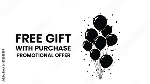 Free gift with purchase promotion featuring black balloons and bold text design