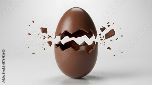 Chocolate Easter egg shattering into pieces on white background
