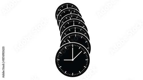 A stack of monochrome clocks each displaying a slightly different time against a white background