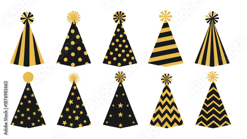 A collection of stylish black and gold party hats some with star embellishments