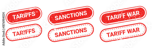 Set of red grunge rubber stamps with text TARIFFS, SANCTIONS, TARIFF WAR isolated on transparent background. Global trade bans, government restrictions, tariffs, financial blockade, economic warfare