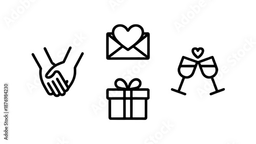 A collection of vector graphics with love symbols, including hands, envelope, gift, and wine glasses.