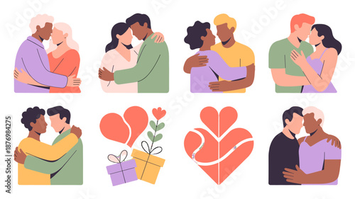 Diverse couples embracing and sharing romantic moments, illustrations of love.