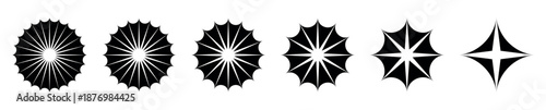 Black starburst abstract circular shapes geometric optical illusion transformation sequence spiky sunburst radial decorative symbols symmetrical vector dynamic graphic modern retro design illustration