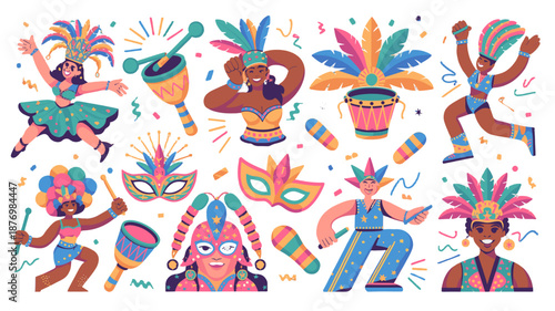 Vibrant elements associated with the carnival: dancers, percussion instruments, masks.
