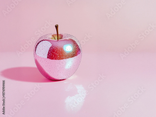 A single apple coated in glossy artificial packaging sitting on a pastel background minimalist surreal critique of industrial food ultra sharp photography
