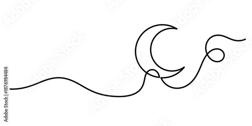 One continuous line drawing of Moon. Ramadan Kareem banner in simple linear style. Sleep symbol with crescent in Editable stroke. Vector illustration