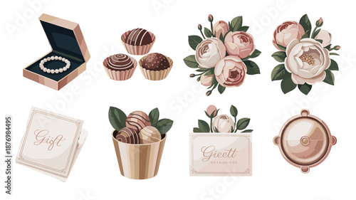 An array of gifts, including jewelry, chocolates, and flowers.